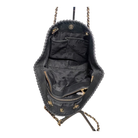 Tory Burch Women’s Bag Marion Tote with Gold Chain Black Pebbled Leather - Picture 4 of 8